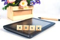 401 K text on Wood block sign on mobile tablet for Online shopping