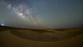 4K Time lapse of milky way on the top of sand dune in the desert. Motion galaxy while safari camping.