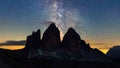 4K Timelapse of Milky way over Tre Cime, Dolomites, Italy