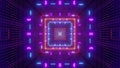 4K UHD 3D illustration of square tunnel with symmetric neon illumination