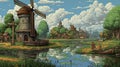 Pixel Art Of A Majestic Windmill In A San Francisco Renaissance Style Swamp