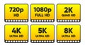 4K UHD, Quad HD, Full HD and HD resolution nameplates on white background. TV symbols and icons. Vector illustration.