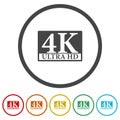 4K ultra hd icon. Set icons in color circle buttons