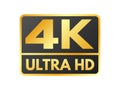 4K Ultra HD icon on white backdrop. High definition label. Gold UHD symbol. 4K resolution color mark. UHD 2160p video