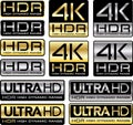 4K and Ultra HD logos with HDR mention Royalty Free Stock Photo