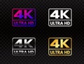 4K Ultra HD set on transparent background. High definition icon collection. UHD symbol in gold and silver. 4K resolution