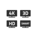 4k ultra hd tv and full hd television icons set line outline, black and white hd video emblem label for lcd or led tv