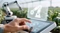 Farmer Hand Touching Holographic Robot Control Panel AI Robotics Collaboration in Smart Farming 8K Royalty Free Stock Photo