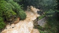 4k video of dirty muddy stream flowing in mountains after river got overflood after hevy raining