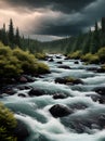 K visuals of river in coniferous forest.