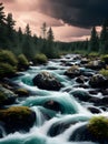 K visuals of river in coniferous forest.