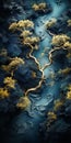 Abstract River Scenery In Modern Style With Dark Cyan And Gold