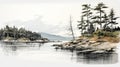 8k Watercolor Sketch Of Fjord Shore And Pine Trees