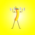 Banana cartoon character vector design with two barbells and yellow background Royalty Free Stock Photo