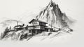 K2 Mountain Village Pencil Sketch With 3 Houses