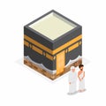 Ka`bah mecca with moslem man and woman in isometric. hajj, umrah, praying and Islamic pilgrimage illustration editable vector