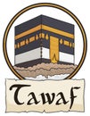 Kaaba inside Button and Scroll Commemorating Tawaf Ritual for Hajj, Vector Illustration