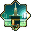 Kaaba in Saudi Arabia & Mecca or Makkah, flat design illustration banner, poster, or sticker with muslims pray and clock to