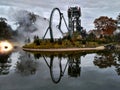 Kaatsheuvel / The Netherlands - November 03 2016: Speed roller coaster Baron 1898 in action in Theme Park Efteling. Symmetric