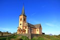 Kabelvag Wooden Church in blue sky, Lofoten Islands, Norway Royalty Free Stock Photo