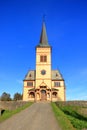 Kabelvag Wooden Church in blue sky, Lofoten Islands, Norway Royalty Free Stock Photo