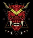 Kabuki illustration. red devil face illustration. head of red demon. japanese mask