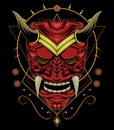 Samurai mask, kabuki illustration. red devil face illustration. head of red demon. japanese mask