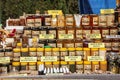 KACAREVO, SERBIA - FEBRUARY 18, 2023: Jars of Honey, Serbian honey (srpski med) on display in a rural market. Honey is a