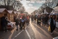 KACAREVO, SERBIA - FEBRUARY 18, 2024: Selective blur on Crowd of people in a packed alley of Slaninijada, a market of cured meat