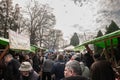 KACAREVO, SERBIA - FEBRUARY 18, 2023: Selective blur on Crowd of people in a packed alley of Slaninijada, a market of cured meat