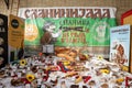 KACAREVO, SERBIA - FEBRUARY 18, 2023: Selective blur on a Stand showing cured meat in the contest of Slaninijada Kacarevo market,