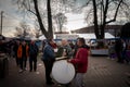 KACAREVO, SERBIA - FEBRUARY 21, 2024: Trubaci, tradional roma music band, playing in the streets traditional balkan music, drums