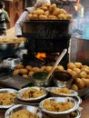 Kachori an Indian snack served with onion and green chatni and red chatani, banaras,india