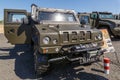 Special multi-purposes armored vehicle Rys, Iveco LMV. Close-up view of the headlight, grille and winch