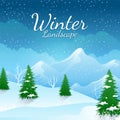 Winter daytime landscape with pine trees and mountains vector illustration