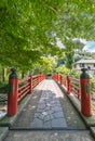 Kaedebashi Bridge over the Kitamata river in the Shuzenji hot spring area of Izu City. Narrrow path bamboo grove in the back