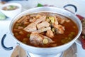 Kaeng Som is a sour and spicy fish curry or soup with vegetables popular in southern Thailand. Royalty Free Stock Photo