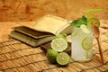 Kaffir lime So, Bergamot soda Cool drink, Thailand tradition Herb for Treatment of Acid Reflux, with Oriental Earth tone map backg