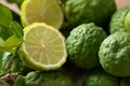 Kaffir lime fruit with leaf, Thai food ingredient Royalty Free Stock Photo