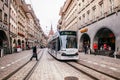 Kafigturm clock tower and tram in old town of Bern, Switzerland Royalty Free Stock Photo