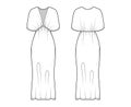 Kaftan dress technical fashion illustration with deep V-neck, batwing sleeves, oversized, midi floor length, pencil cut.