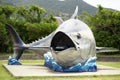 Big Bluefin Tuna monument at Koniya Fishing Port facing Oshima strait in Amami Oshima, Japan