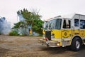 Kahuku, HI - Jan 3, 2024 : Engine 13 Kahuku firefighters respond with firehose to wildfire in Oahu, Hawaii. Royalty Free Stock Photo
