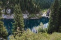 Kaindy Lake in Tien Shan mountains in Kazakhstan in summer with a sunken fir forest. Top view from a drone