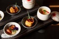 Kaiseki sushi platter combo set on the serving board in the fine dining Japanese restaurant