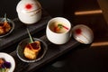 Kaiseki sushi platter combo set on the serving board in the fine dining Japanese restaurant