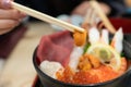 Kaisen Don Sashimi seafood Rice Bowl served in a black Bowl, Japanese food