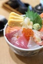 Kaisendon sushi don on rice with wooden table