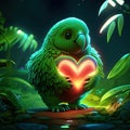 Kakapo hugging heart Illustration of a cute green monster holding a heart sign in the forest Generative AI animal ai Royalty Free Stock Photo