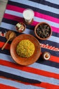 Kala bhuna khichuri with salad, borhani and baked gulab jamun served in dish isolated on mat top view of indian and bangladeshi